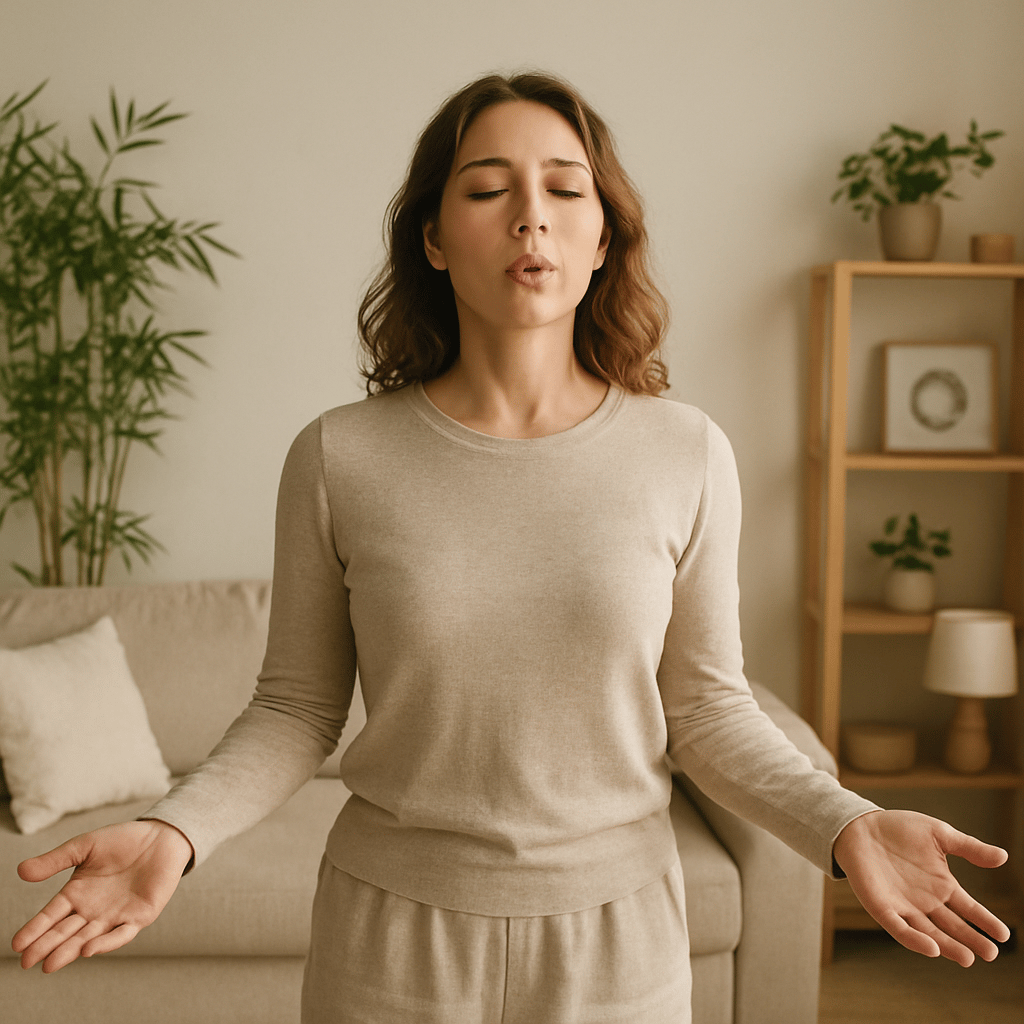 Une femme, les yeux fermÃ©s, en train d'expirer par la bouche, les bras ouverts Ã&nbsp; hauteur des hanches, paumes des mains tournÃ©es vers le ciel, dans un dÃ©cor zen et confortable, None